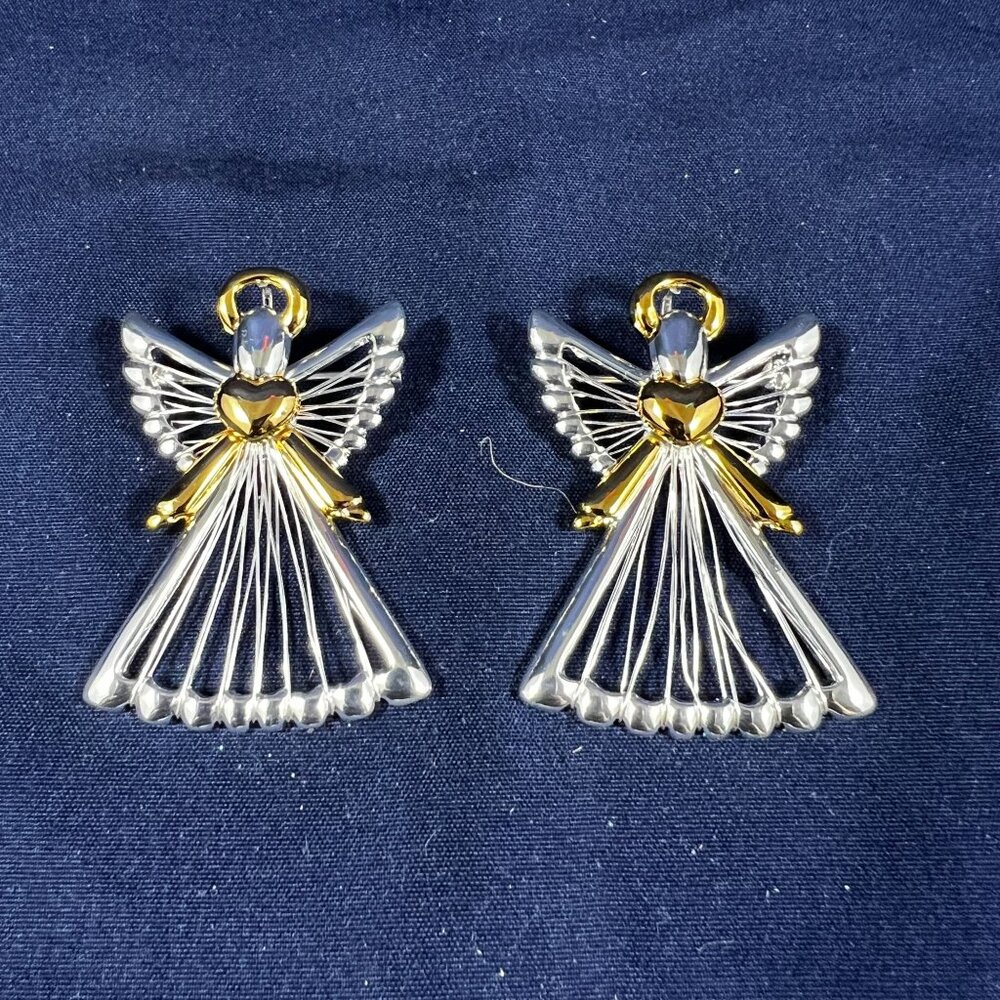 Set Of 2 Gold & Silver Tone Angel Ornaments With Intricate Wire Design